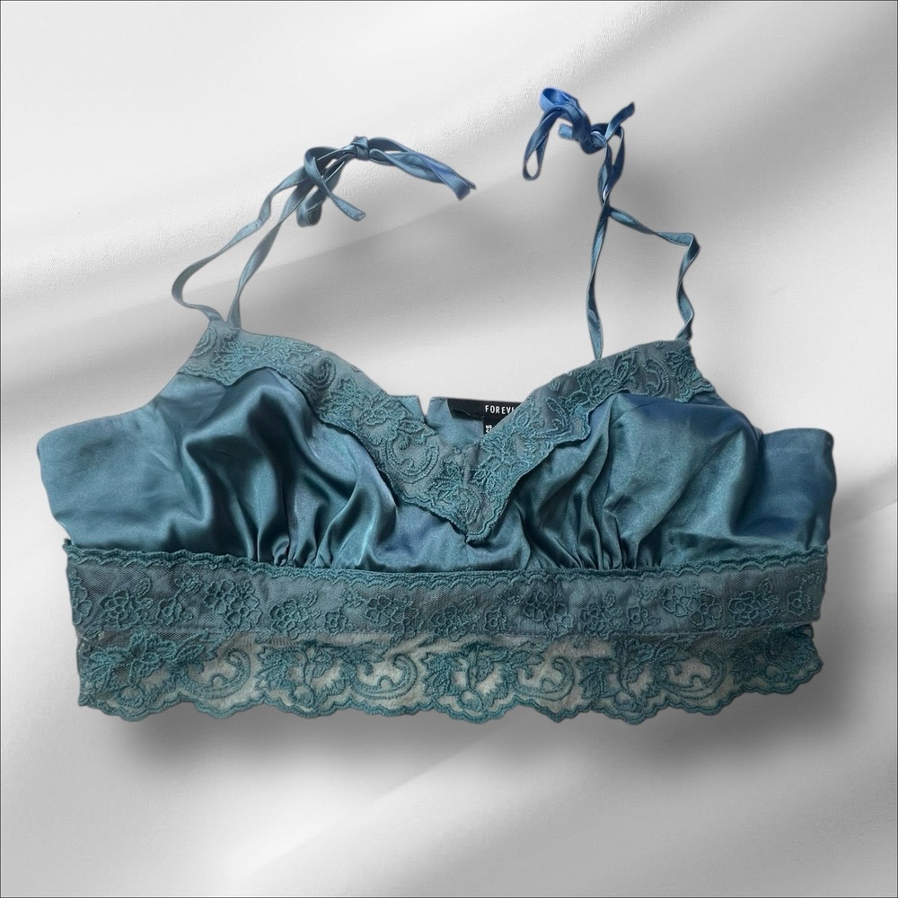 Satin Lace Bralette Crop Top Teal Coquette Y2K Fairycore Balletcore Tie Strap XS